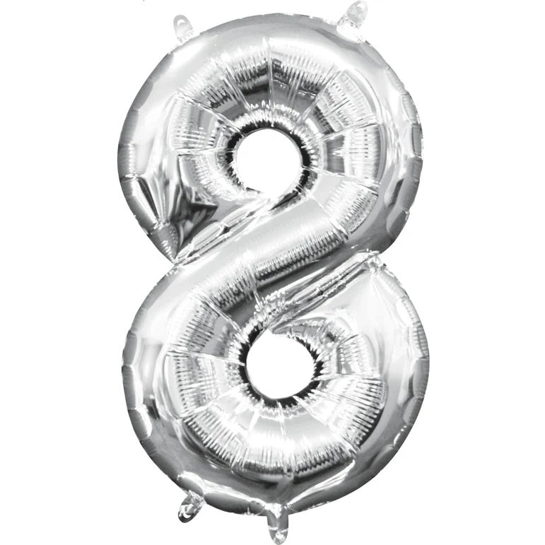Eight Silver Number Foil Balloon - Helium Filled with String