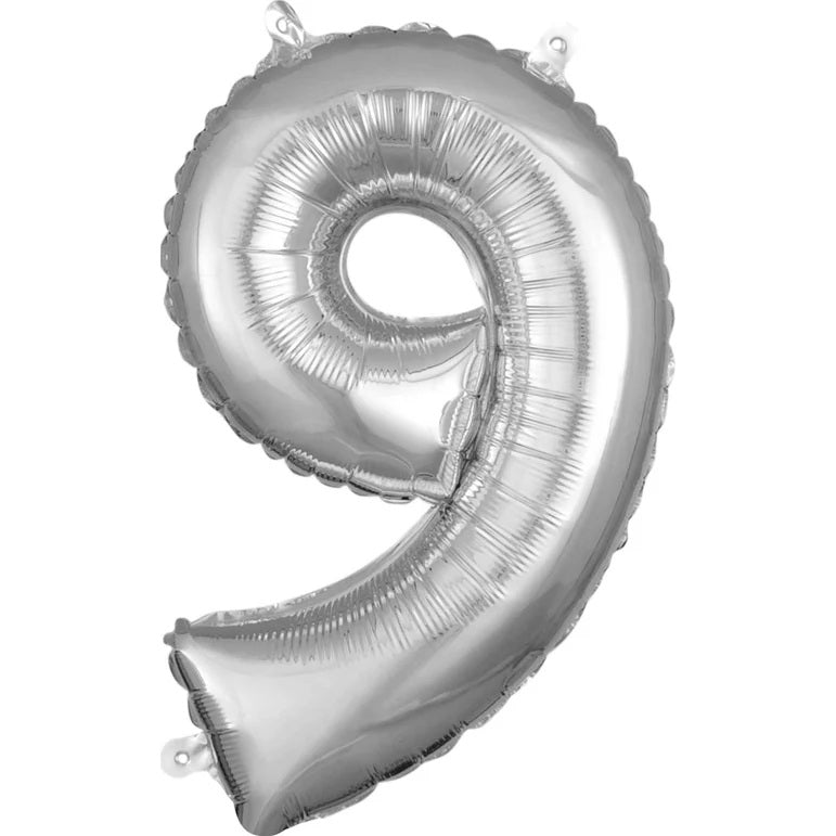 Nine Silver Number Foil Balloon - Helium Filled with String