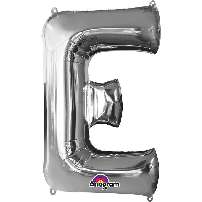E Silver Letter Foil Balloon - Helium Filled with String