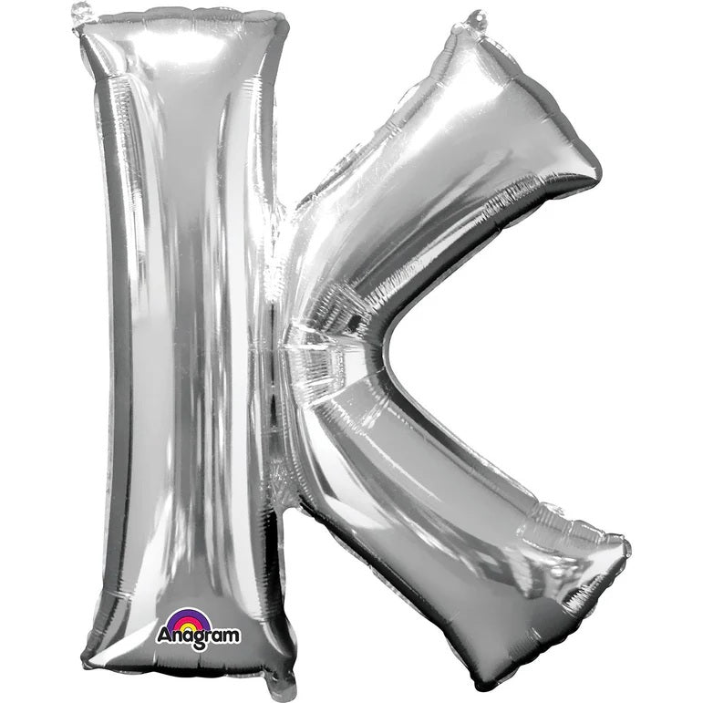 K Silver Letter Foil Balloon - Helium Filled with String