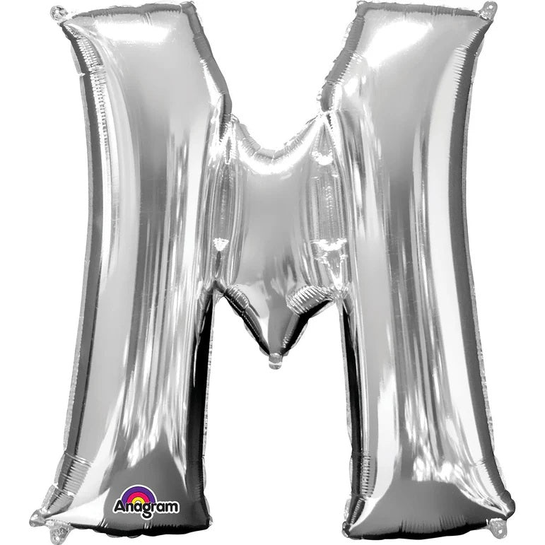 M Silver Letter Foil Balloon - Helium Filled with String