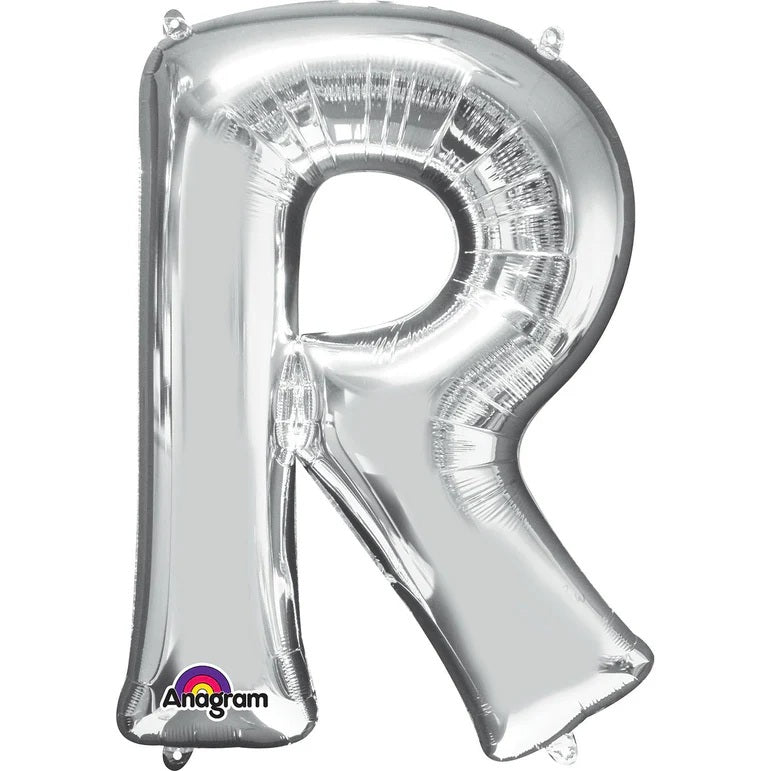 R Silver Letter Foil Balloon - Helium Filled with String