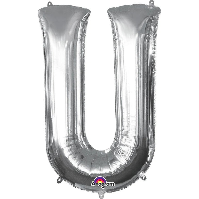 U Silver Letter Foil Balloon - Helium Filled with String