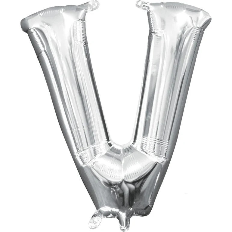 V Silver Letter Foil Balloon - Helium Filled with String