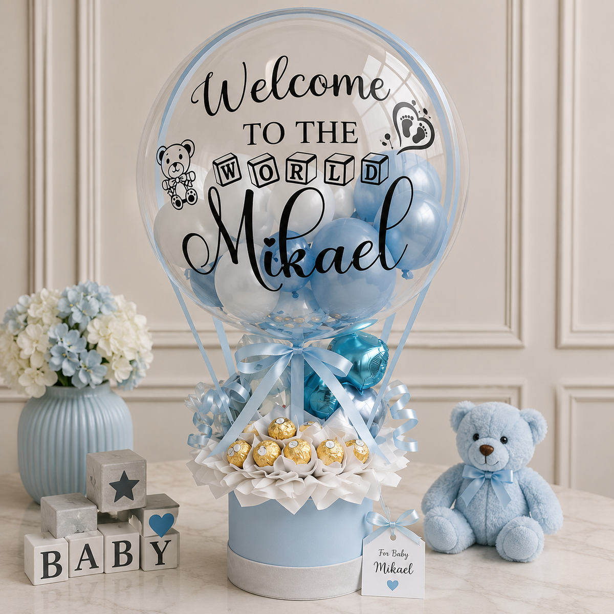 Welcome to the World BOY 24inches Customized Clear with Small Balloons inside & Ferrero Hot Air