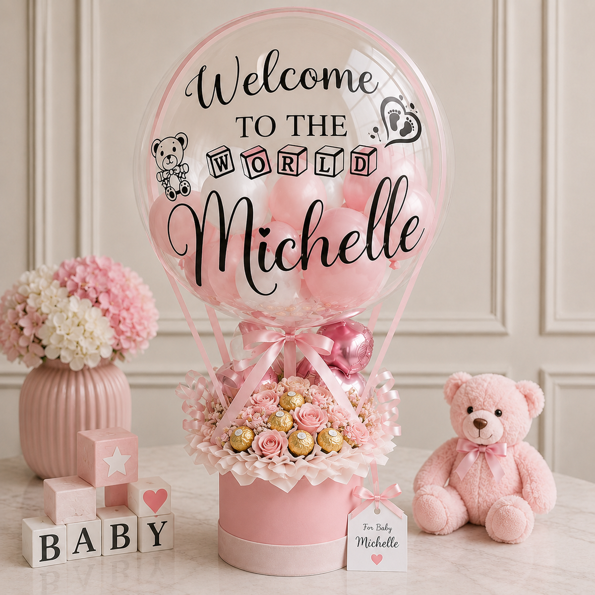 Welcome to the World GIRL 24inches Customized Clear with Small Balloons inside & Ferrero Hot Air