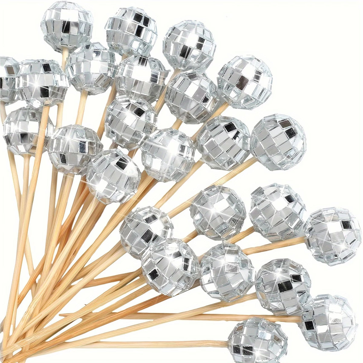 Silver Disco Ball Cake Decorations  Fruit Pick, Cocktail and Cake Decor - 10pcs