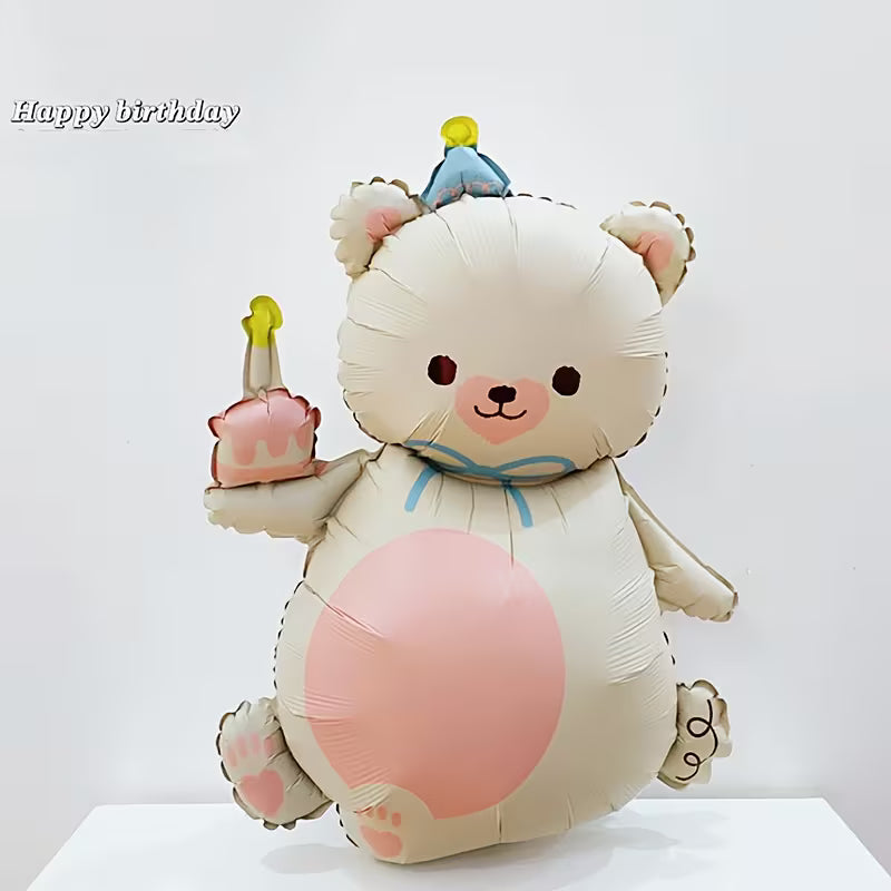SS MILKY WHITE TEDDY BEAR WITH PARTY HAT FOIL BALLOONS HELIUM Filled