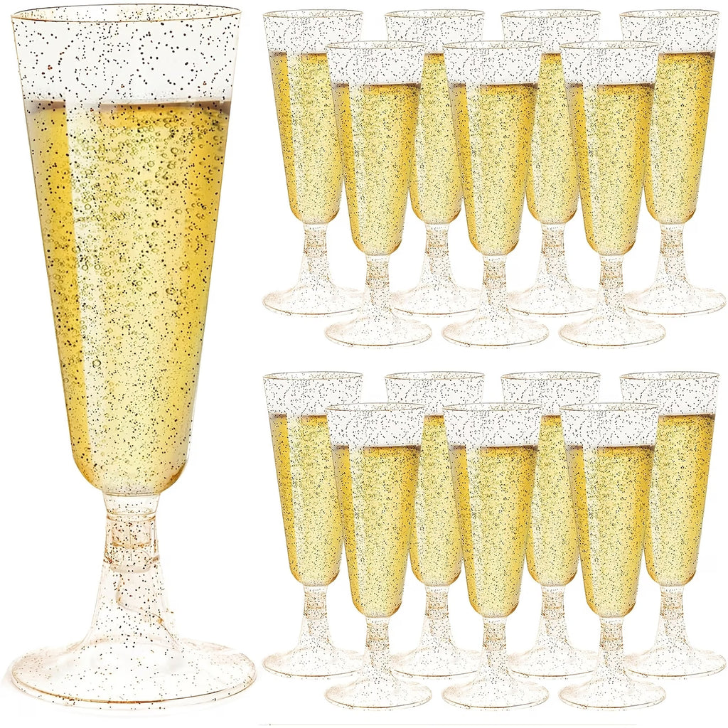 Premium Champagne Flutes Wine Glasses Golden Glitter Trim 5OZ