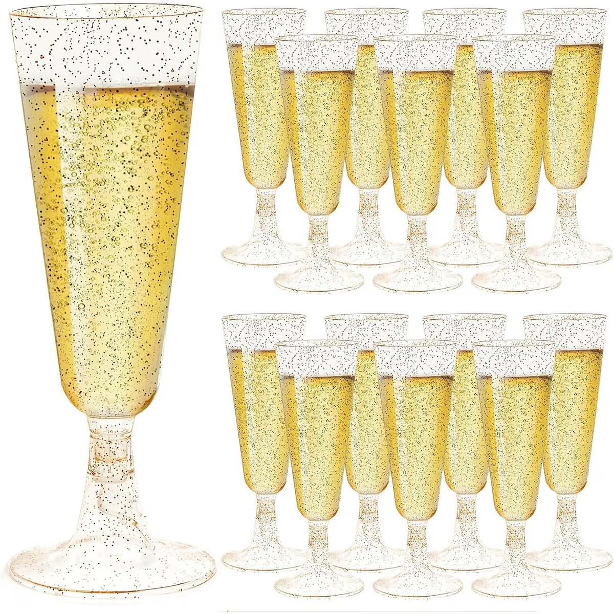 Premium Champagne Flutes Wine Glasses Golden Glitter Trim 5OZ
