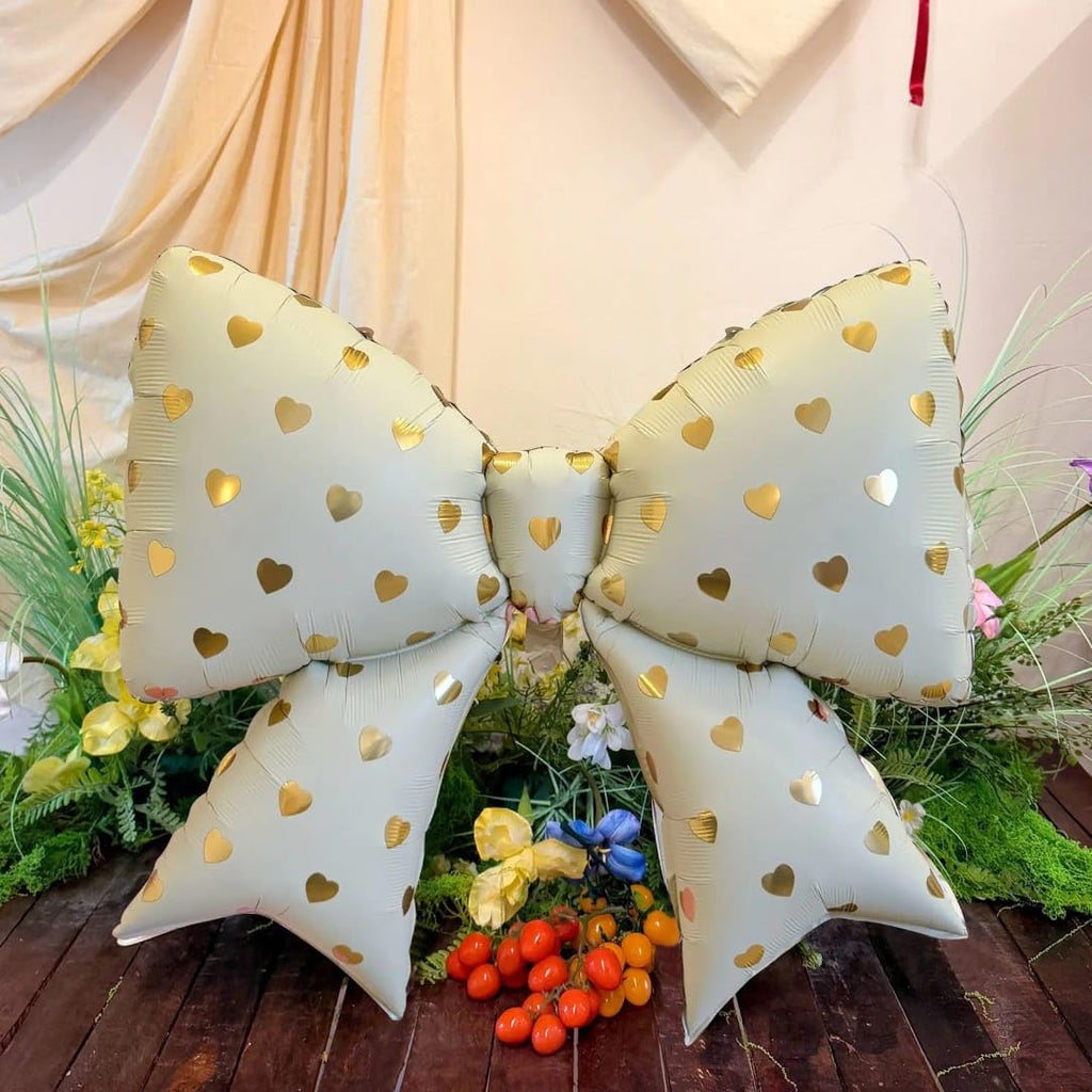 SS MILKY WHITE BOW WITH GOLD HEART PRINT FOIL BALLOONS HELIUM Filled